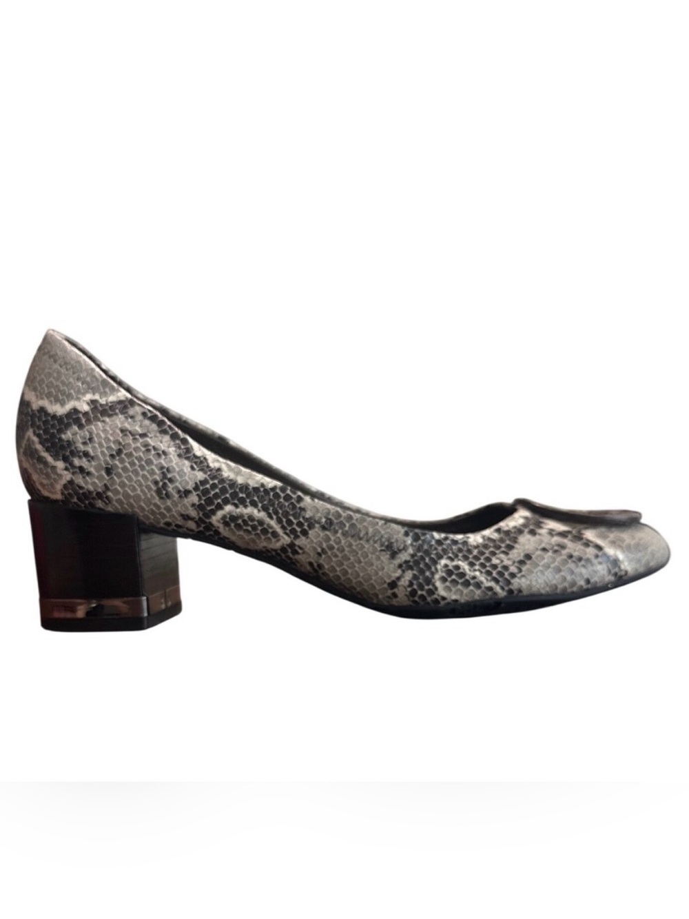 Tory Burch Claire Snake Embossed Python Block Heel Pumps Gray Black 8.5
